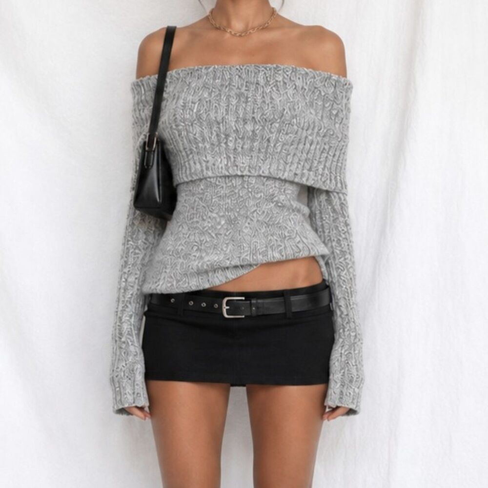 Vintage Y2K Gray Knit Off The Shoulder Foldover Long Sleeve Sweater Top Size S